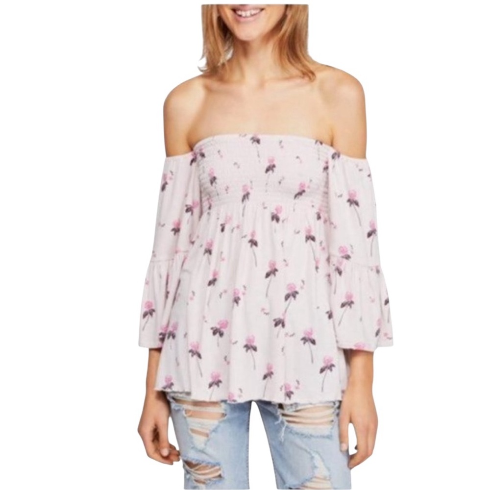 Free People Lana Off The Shoulder Romantic Boho Floral Top Bell Sleeves NEW S - Picture 2 of 7